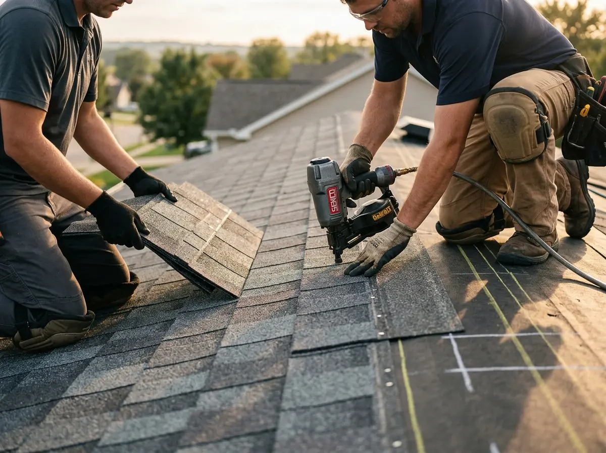 Professional roofer working on a residential roof in Mount Hood Villages
